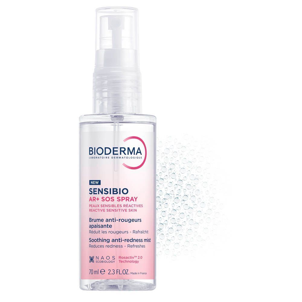 Bioderma Sensibio AR+ SOS Spray. Flacon blanc avec vaporisateur, étiquette rose, texte. Brume.