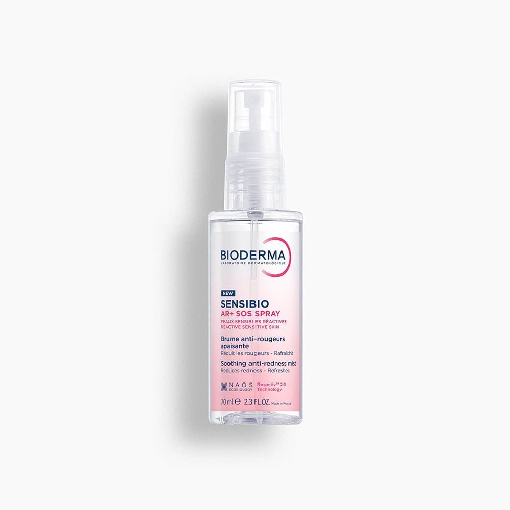 Bioderma Sensibio AR+ SOS Spray. Flacon blanc avec vaporisateur, étiquette rose, texte.