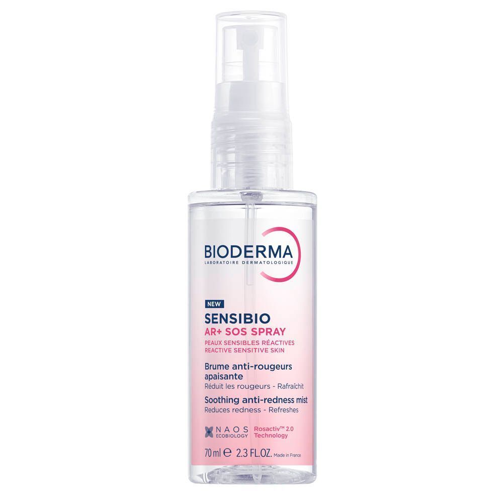 Bioderma Sensibio AR+ SOS Spray. Flacon blanc avec vaporisateur, étiquette rose, texte.