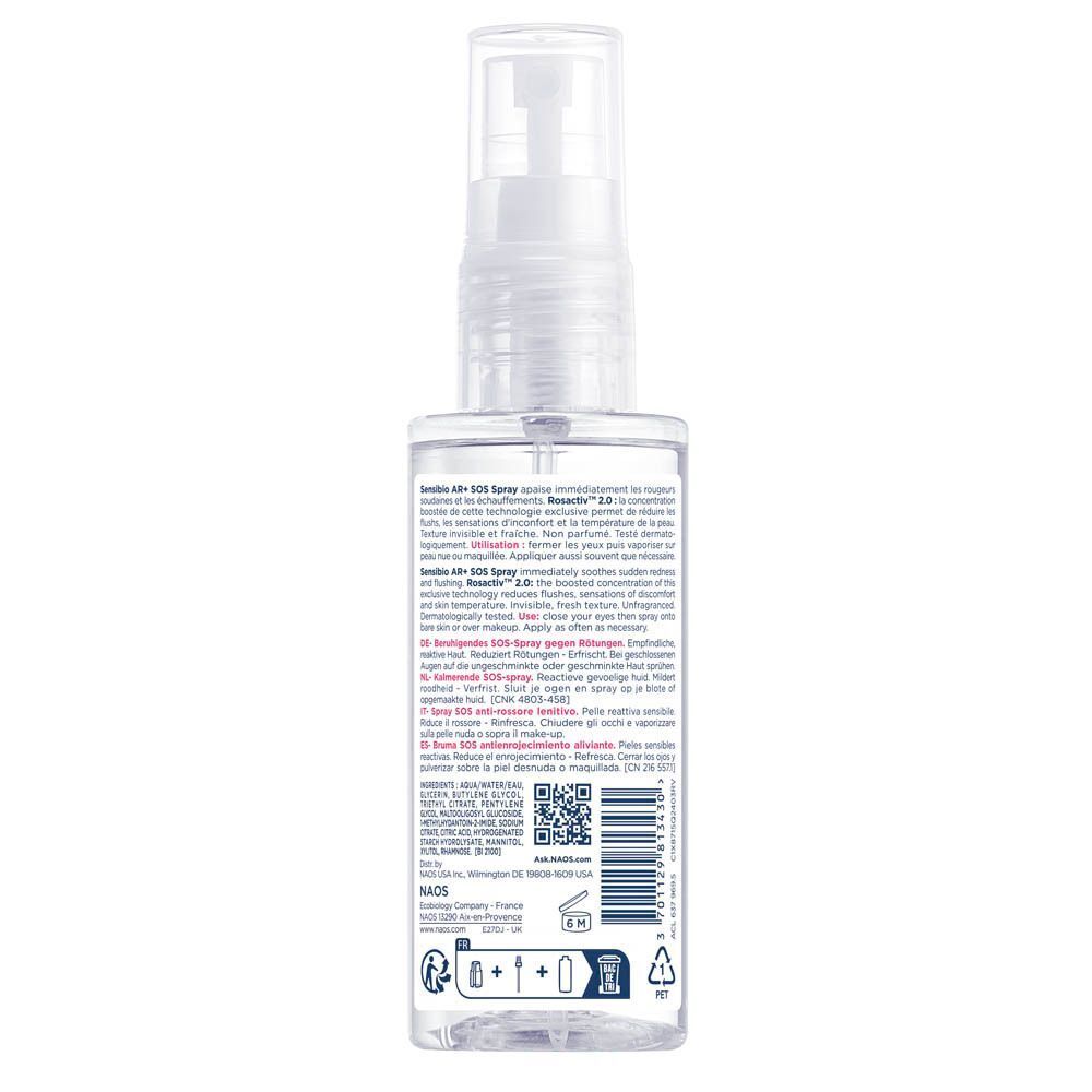 Dos du spray Bioderma Sensibio AR+ SOS. Texte, QR code, ingrédients, informations.