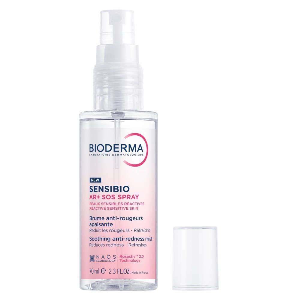 Bioderma Sensibio AR+ SOS Spray. Flacon blanc, étiquette rose, texte. Capuchon à côté.