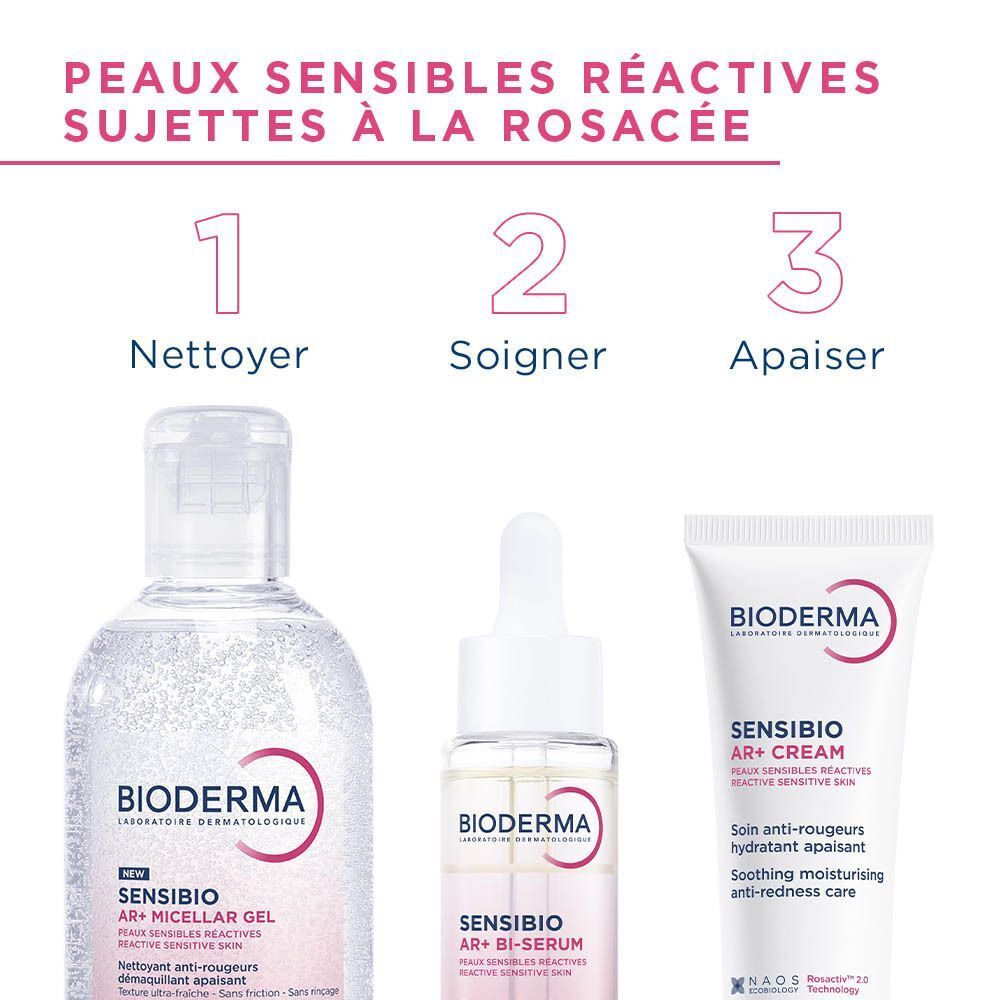 Trois produits Bioderma: AR+ Micellar Gel, AR+ Bi-Serum, AR+ Cream. Texte: Nettoyer, Soigner, Apaiser.