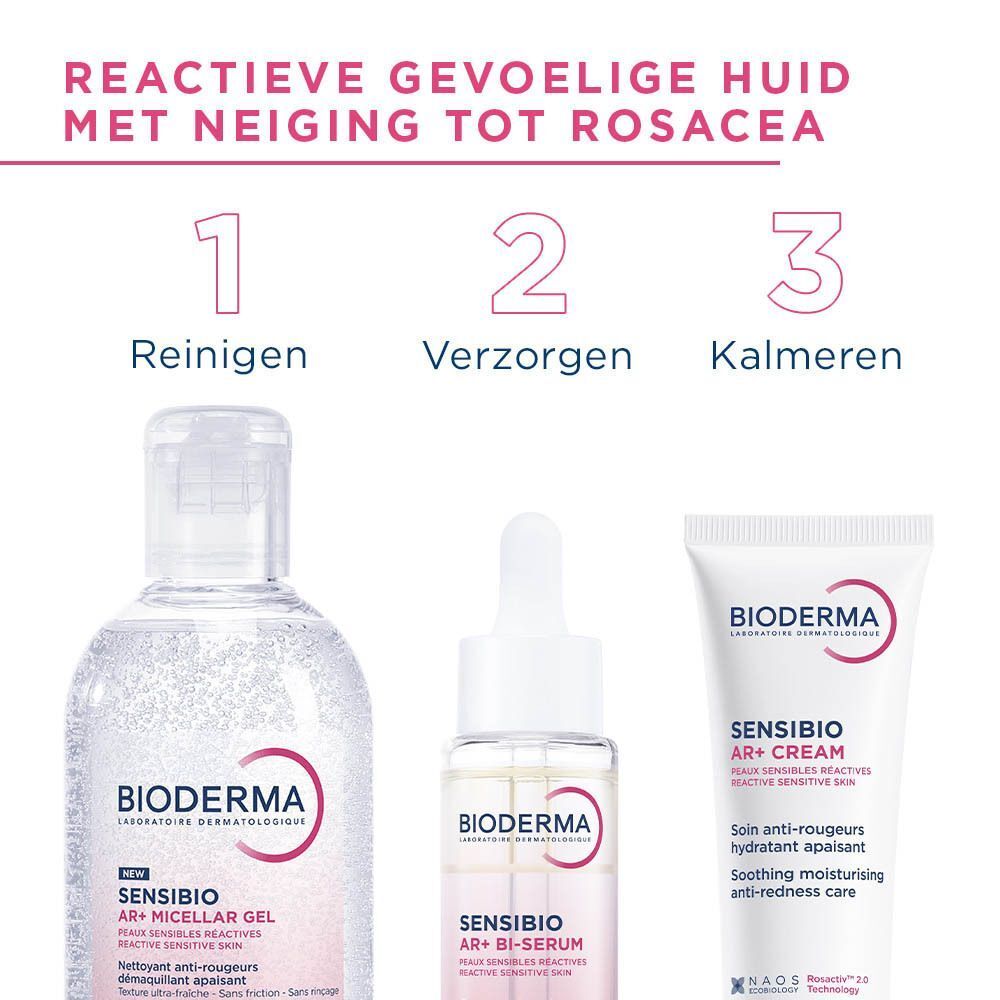 Drie Bioderma producten: AR+ Micellar Gel, AR+ Bi-Serum, AR+ Cream. Tekst: Reinigen, Verzorgen, Kalmeren.