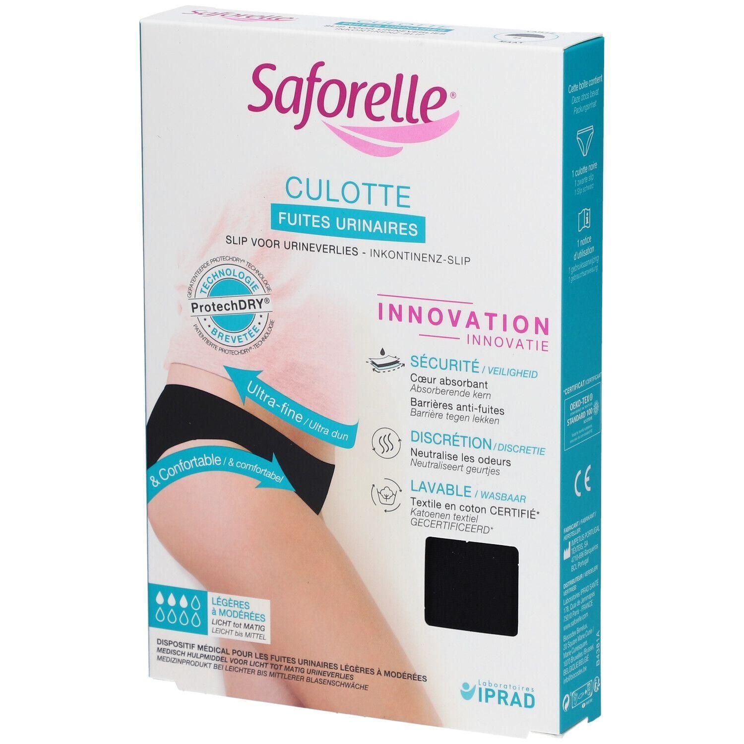 Boîte de slip pour fuites urinaires Saforelle. Noir. Technologie ProtechDRY. Texte: Culotte Fuites Urinaires.