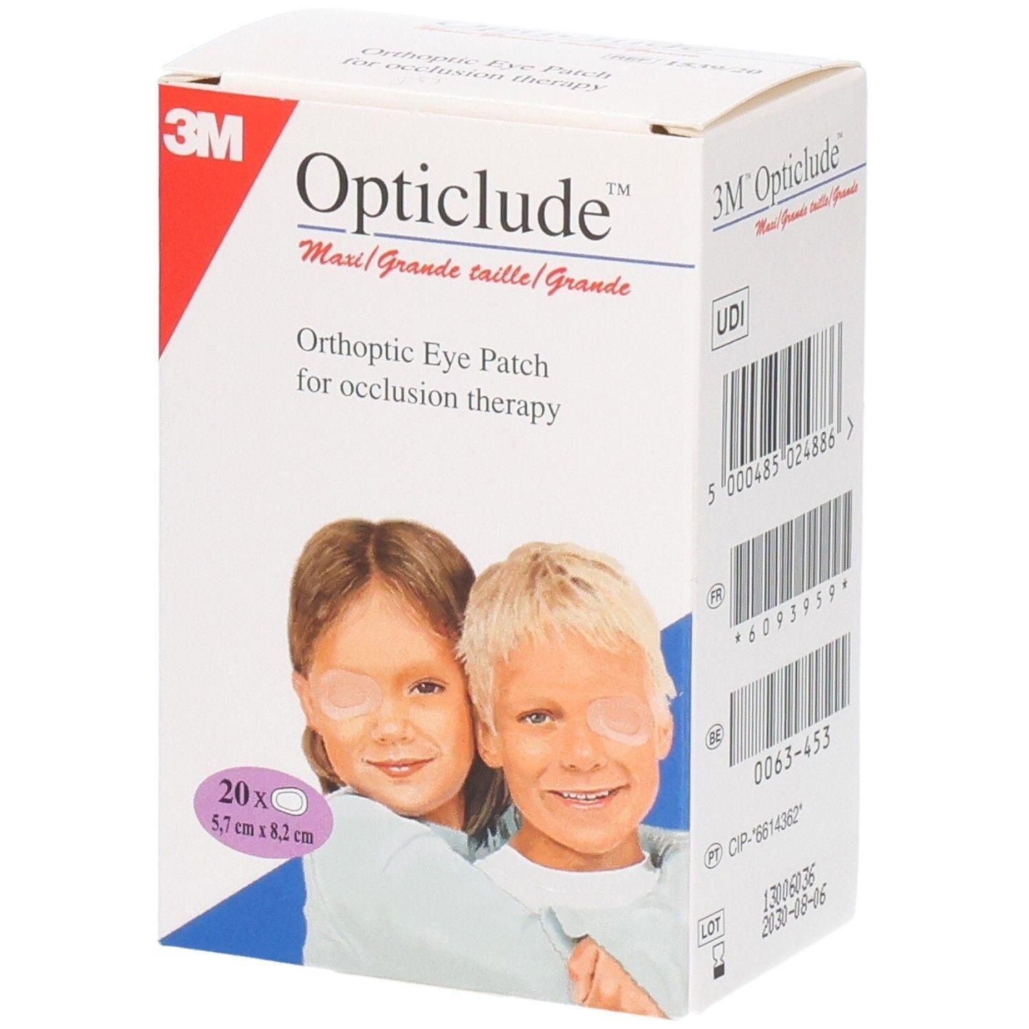Verpakking met 3M Opticlude oogpleisters. Toont twee kinderen met pleisters. Bevat 20 stuks, 5,7 cm x 8,2 cm.
