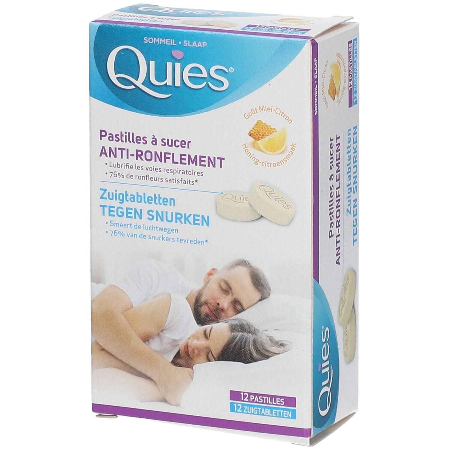 Verpakking Quies zuigtabletten tegen snurken. Opschrift: Anti-Ronflement, 12 pastilles. Illustratie van slapend paar.