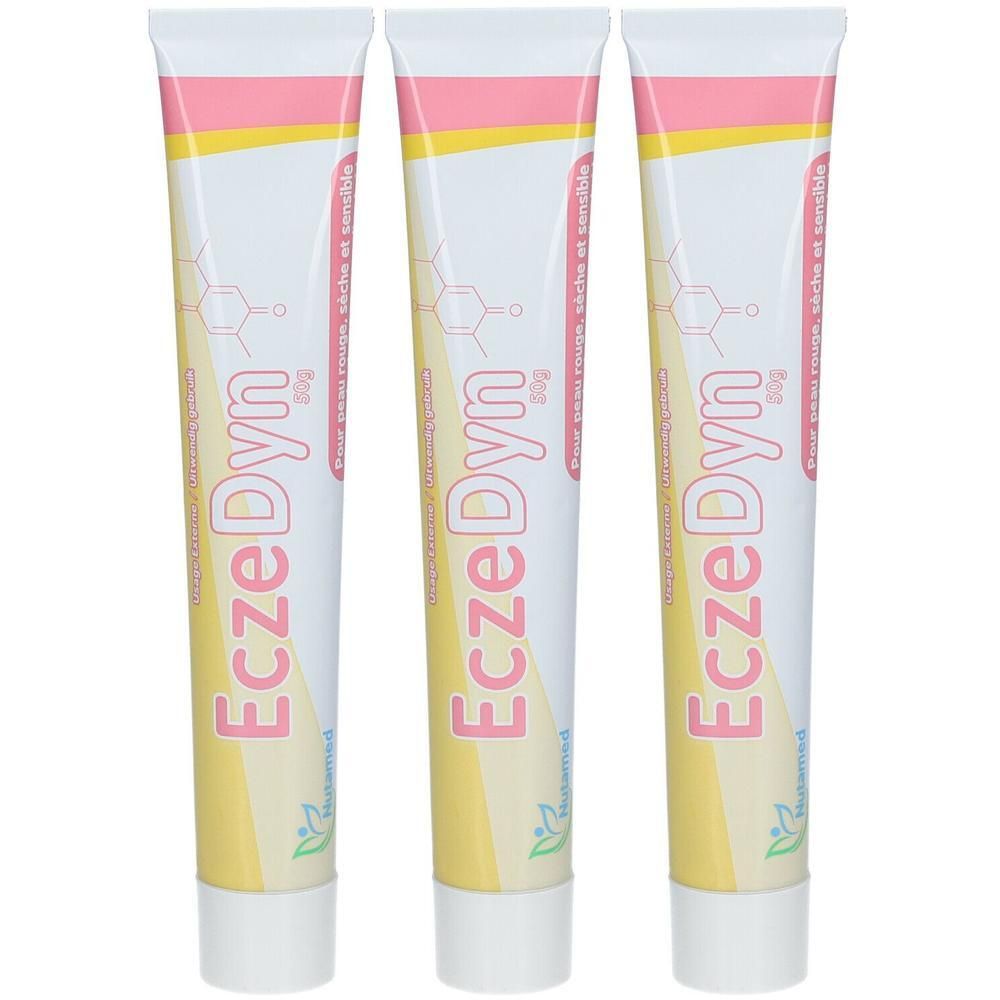Drie tubes met wit en geel design. Opschrift: EczeDyn. Op elke tube staat: pour peau rouge, sèche et sensible.