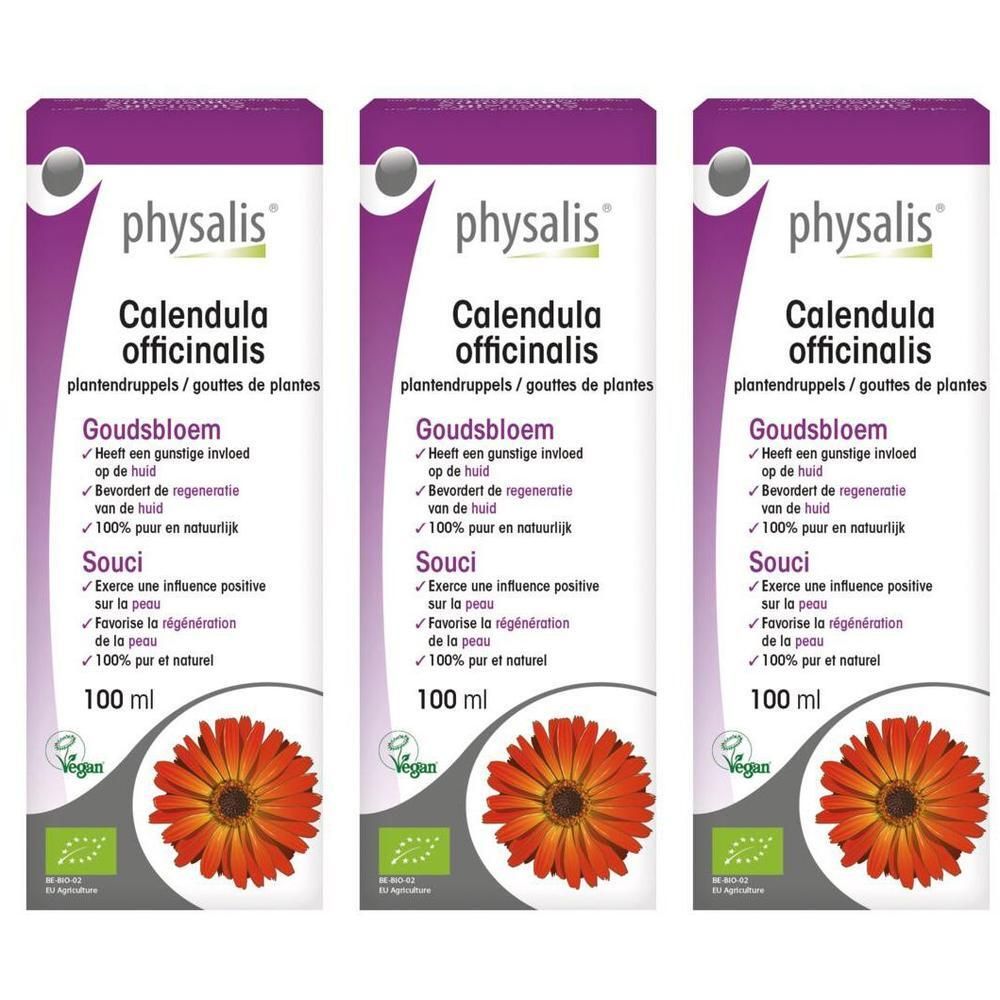 Drie flessen Physalis Calendula officinalis. Opschrift: Goudsbloem, Souci, 100 ml, Vegan-label, Bio-label. Afbeelding van goudsbloem.