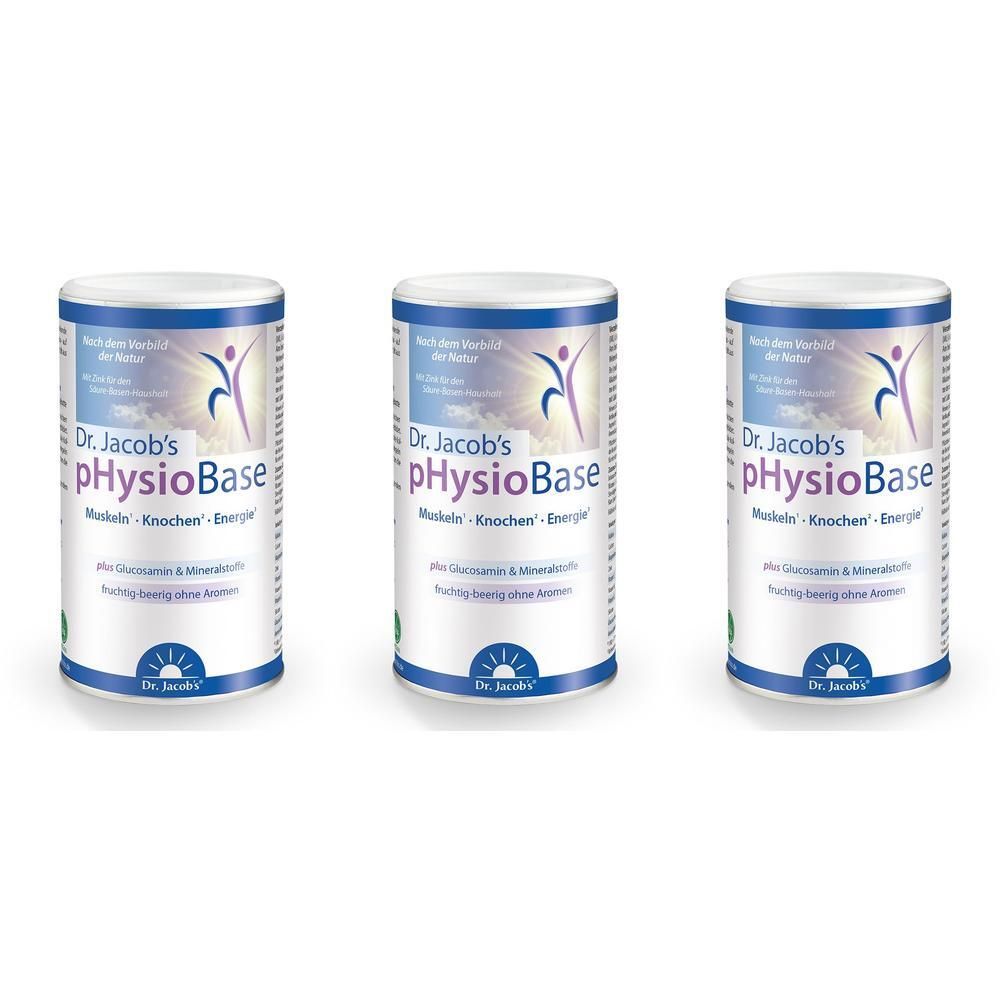 Drie cilindrische containers met blauw-wit etiket. Opschrift: Dr. Jacob's physioBase. Spieren, botten, energie. Met mineralen.