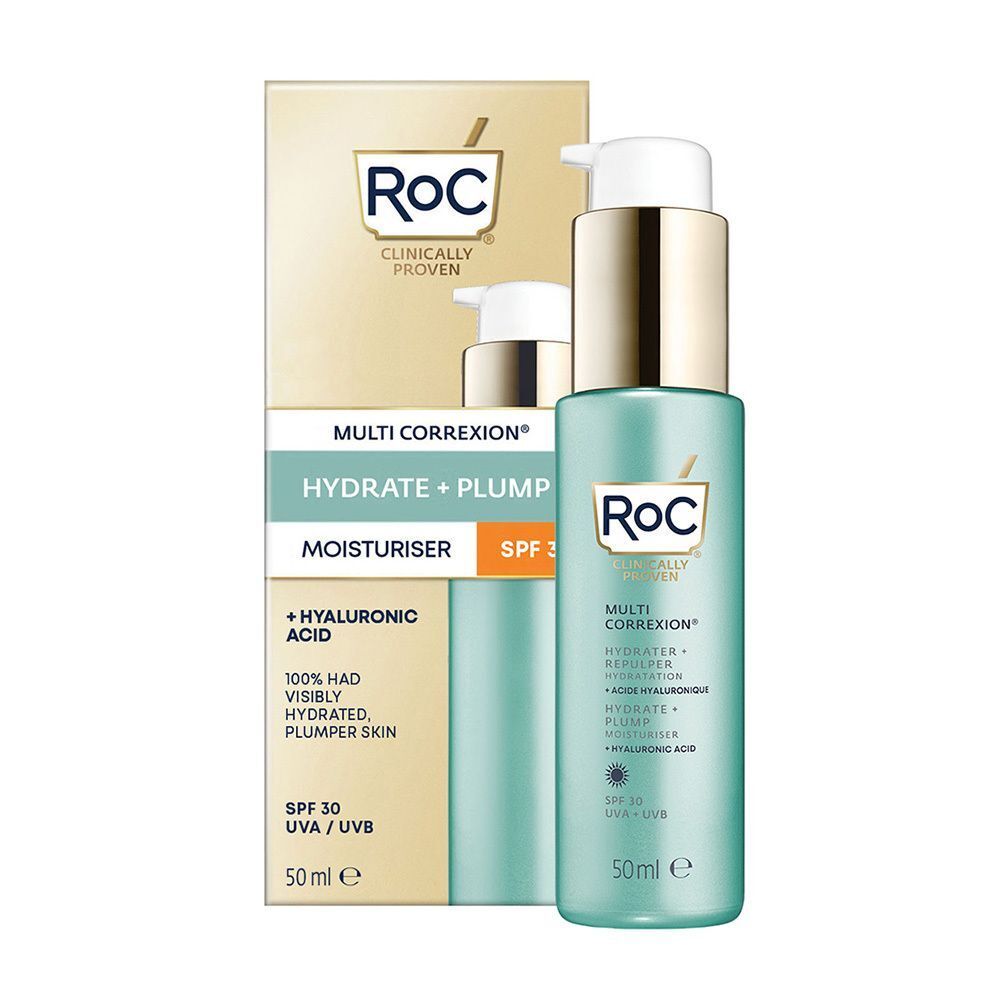 Fles en verpakking RoC Multi-Correxion Hydrate & Plump Moisturiser SPF30. Turquoise, gouden dop, witte pomp.