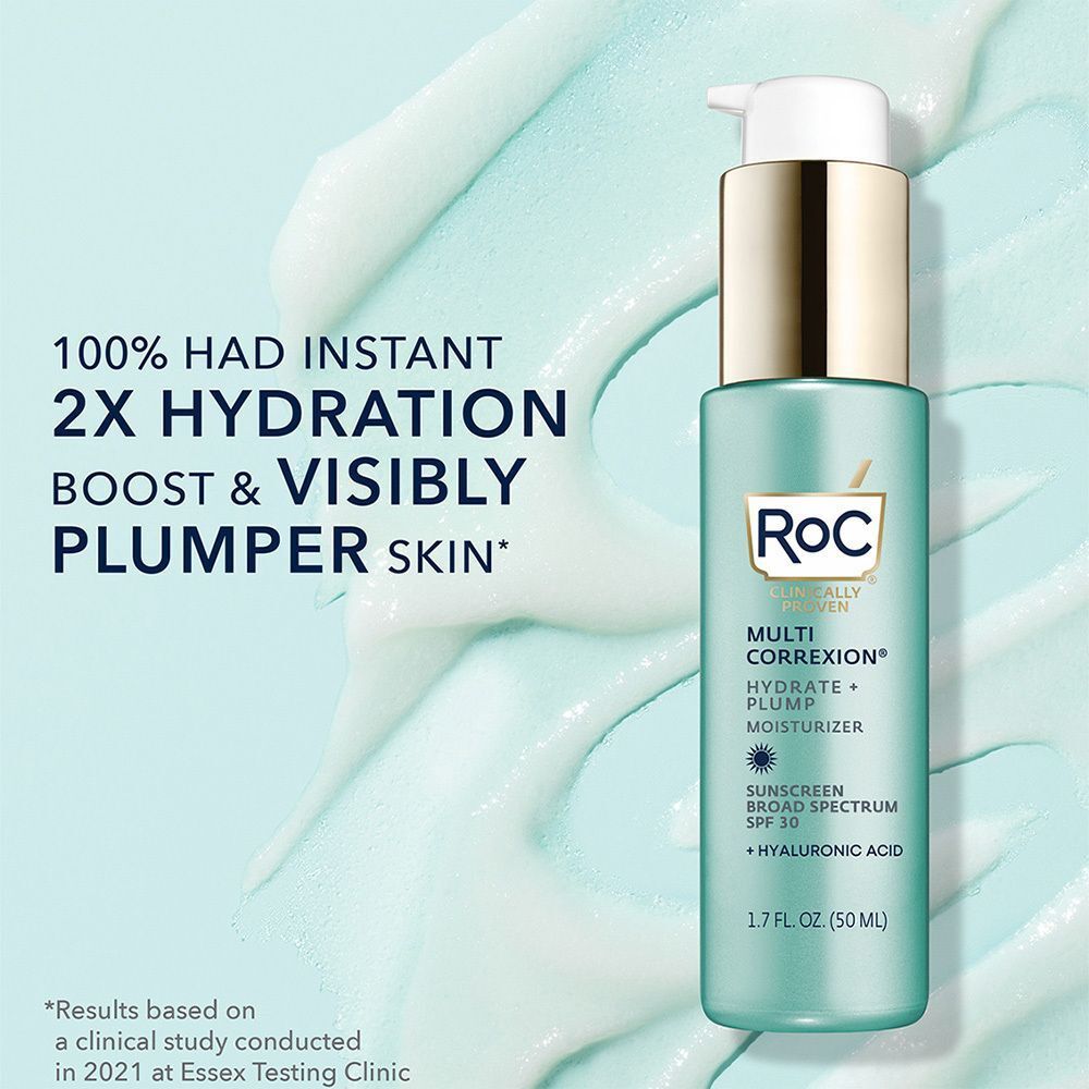 Fles RoC Multi-Correxion Hydrate & Plump Moisturiser SPF30. Turquoise, gouden dop, witte pomp. Tekst op de achtergrond.