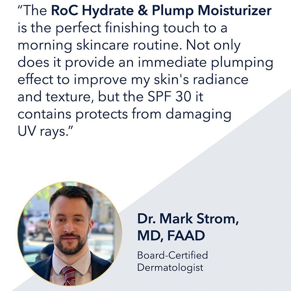 Tekst en portret van Dr. Mark Strom, MD, FAAD. Tekst over RoC Hydrate & Plump Moisturizer.