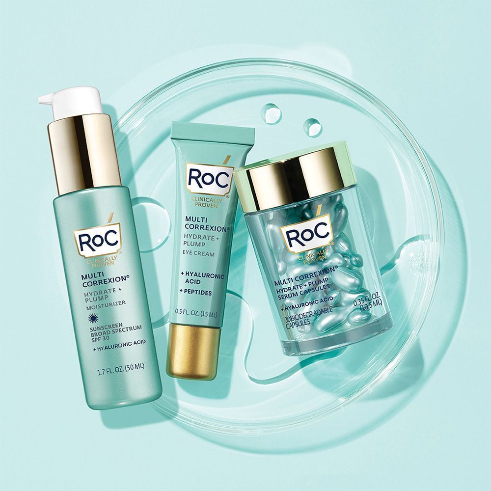 Trois produits RoC : Multi-Correxion Hydrate & Plump Moisturizer, crème pour les yeux et capsules de sérum.