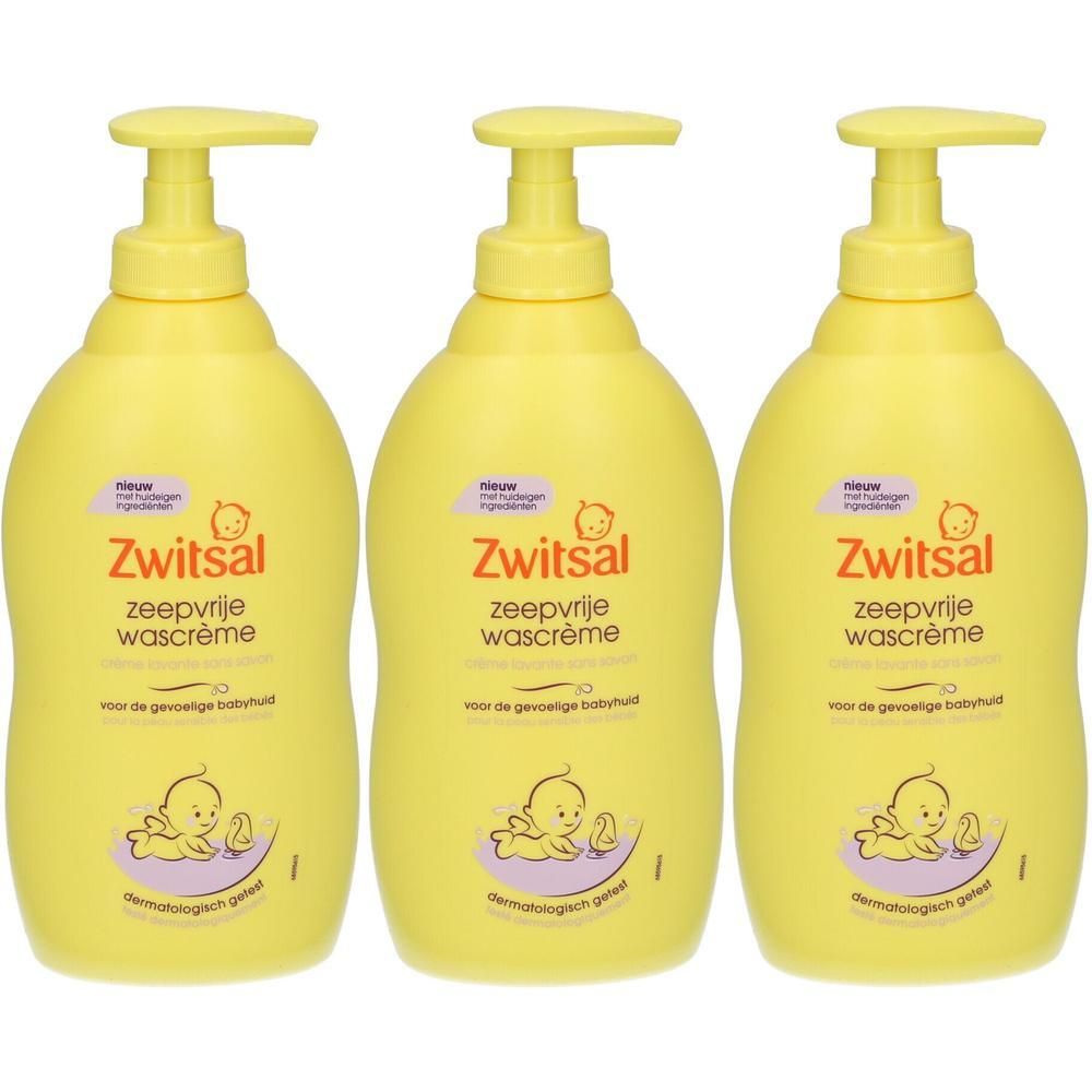 Drie gele flessen met pomp. Op elke fles staat "Zwitsal zeepvrije wascrème".