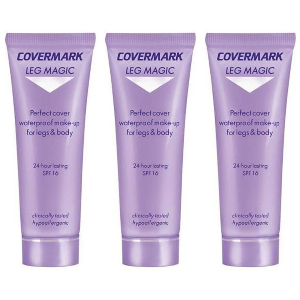 Trois tubes de Covermark Leg Magic violets, avec texte: Perfect cover, waterproof make-up for legs & body, 24-hour lasting SPF 16.