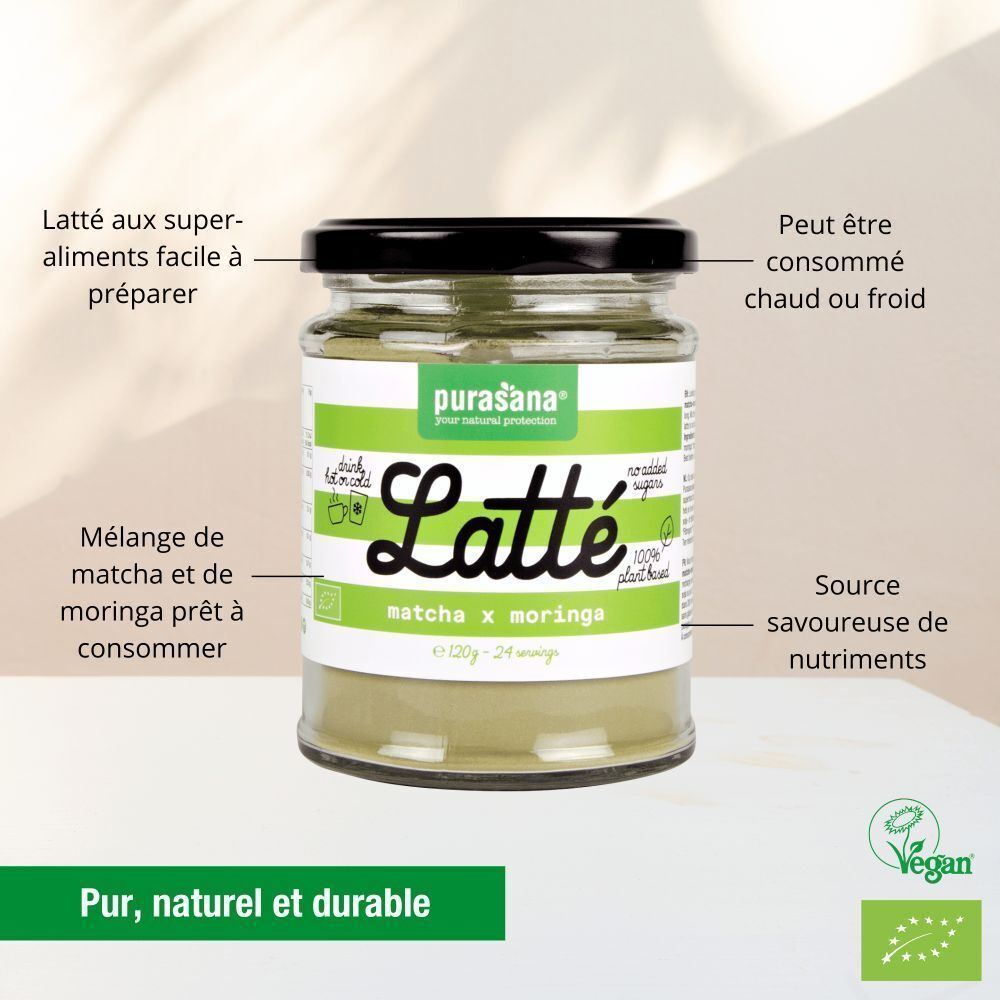 Pot de poudre Latté. Marque Purasana. Matcha x Moringa. Label Vegan. Texte : Pur, naturel et durable.