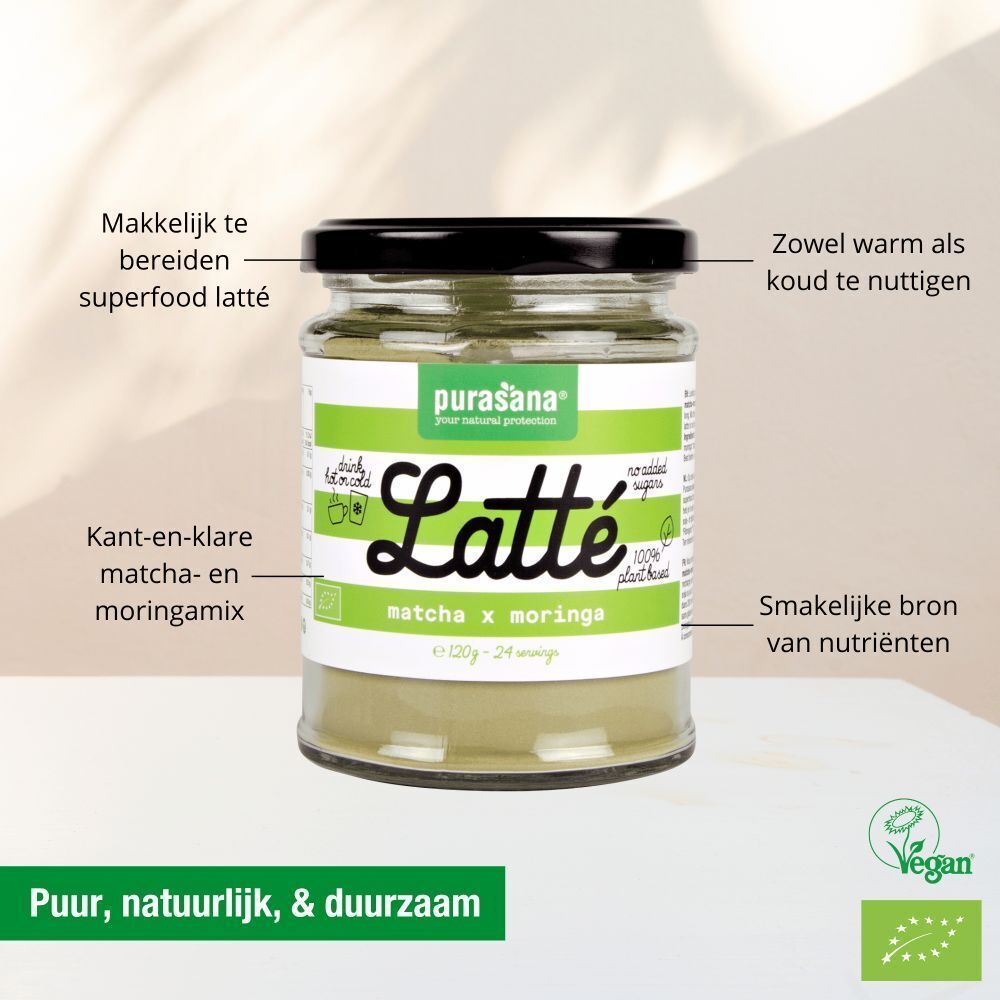 Pot Latté poeder. Merk Purasana. Matcha x Moringa. Vegan label. Tekst: Puur, natuurlijk, & duurzaam.