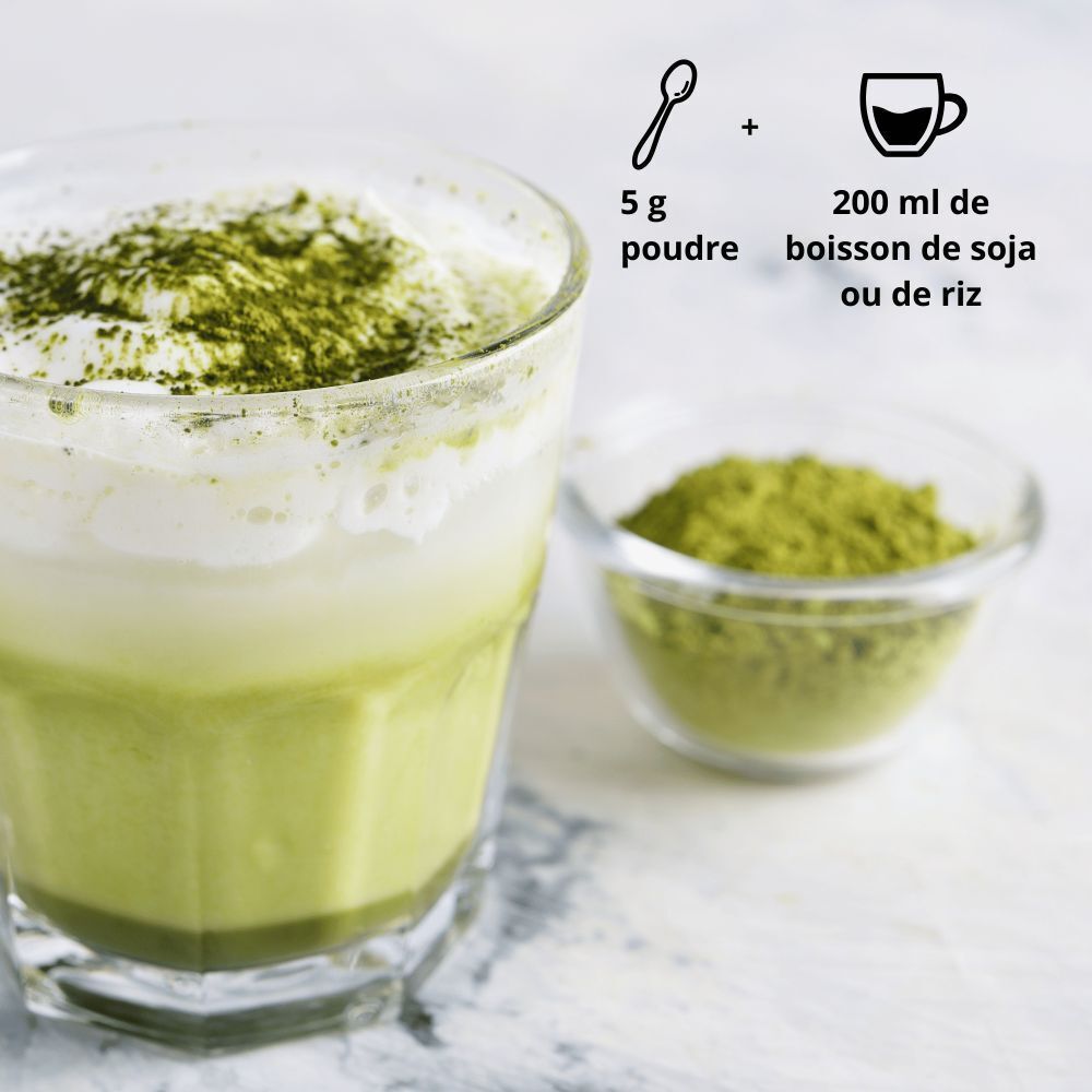 Verre de boisson Latté. Bol de poudre. Texte : 5 g poudre + 200 ml boisson soja ou riz.