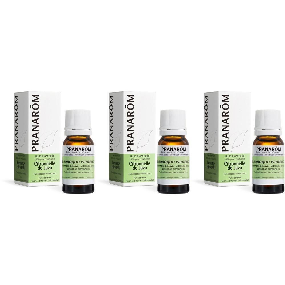 Trois flacons d'huile essentielle Citronnelle de Java avec emballage. Marque Pranarôm, boîte blanche avec accents verts.