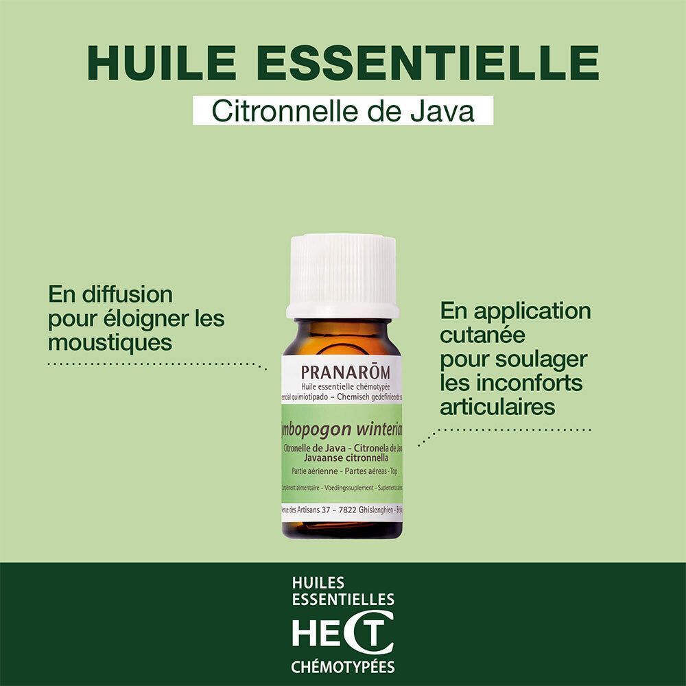Flacon d'huile essentielle Citronnelle de Java. Texte: En diffusion pour éloigner les moustiques. En application cutanée pour soulager les inconforts articulaires.