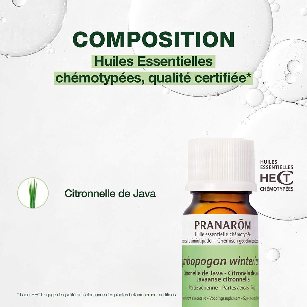 Flacon d'huile essentielle Citronnelle de Java. Texte: Composition. Huiles essentielles chémotypées, qualité certifiée. Marque Pranarôm.