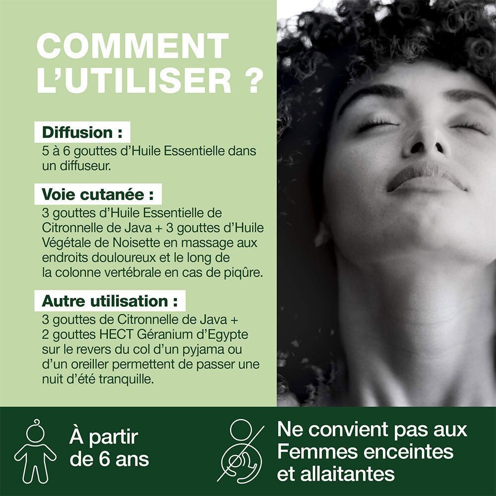Texte: Comment l'utiliser? Diffusion, voie cutanée, autre utilisation. Image d'une femme. Ne convient pas aux femmes enceintes et allaitantes.