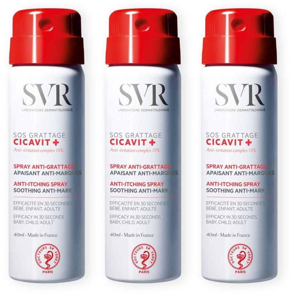 Drie sprays SVR Cicavit+ SOS Grattage. Witte flacons met rode dop. Tekst: SOS Grattage, anti-jeuk spray.
