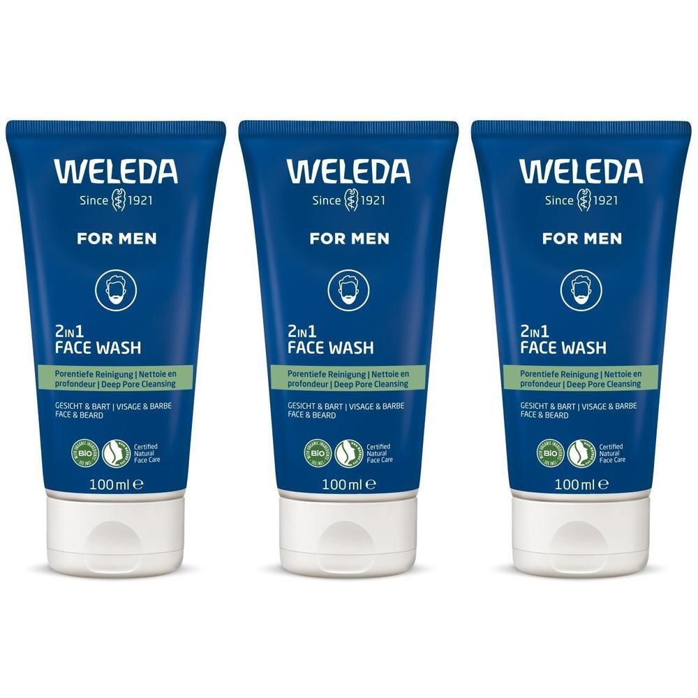 Drie blauwe tubes met witte doppen. Elke tube toont "WELEDA", "FOR MEN", "2in1 FACE WASH" en andere informatie.