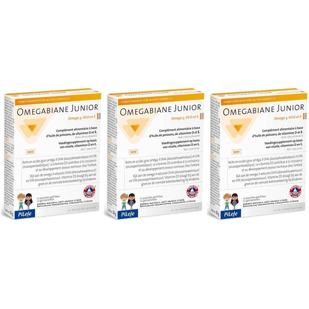 Drie dozen Omegabiane Junior. Opschrift: Omega 3, vitamines D en E. Verpakking met gele driehoek en kinderillustratie.