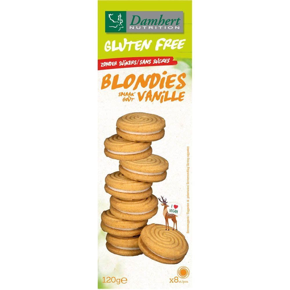 Verpakking glutenvrije Blondies. Opgestapelde koekjes met vanillesmaak. Merk Damhert Nutrition, opschrift Gluten Free.