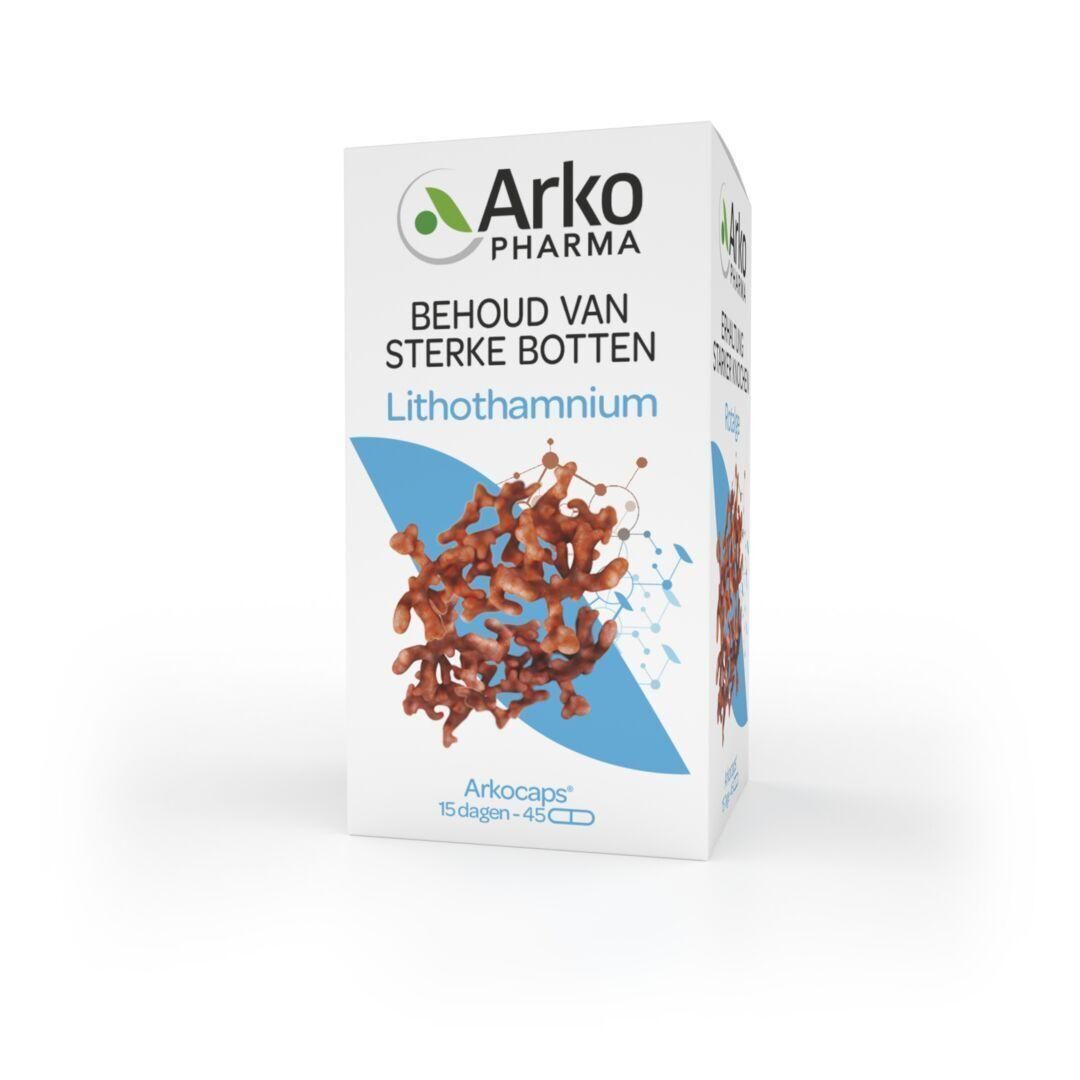 Witte doos met productinformatie. Opschrift: Arko Pharma, Behoud van sterke botten, Lithothamnium. Afbeelding van bruine elementen.