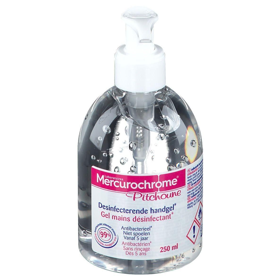 Flacon transparent avec pompe. Inscription: Mercurochrome Pitchoune, gel désinfectant pour les mains. 250 ml.