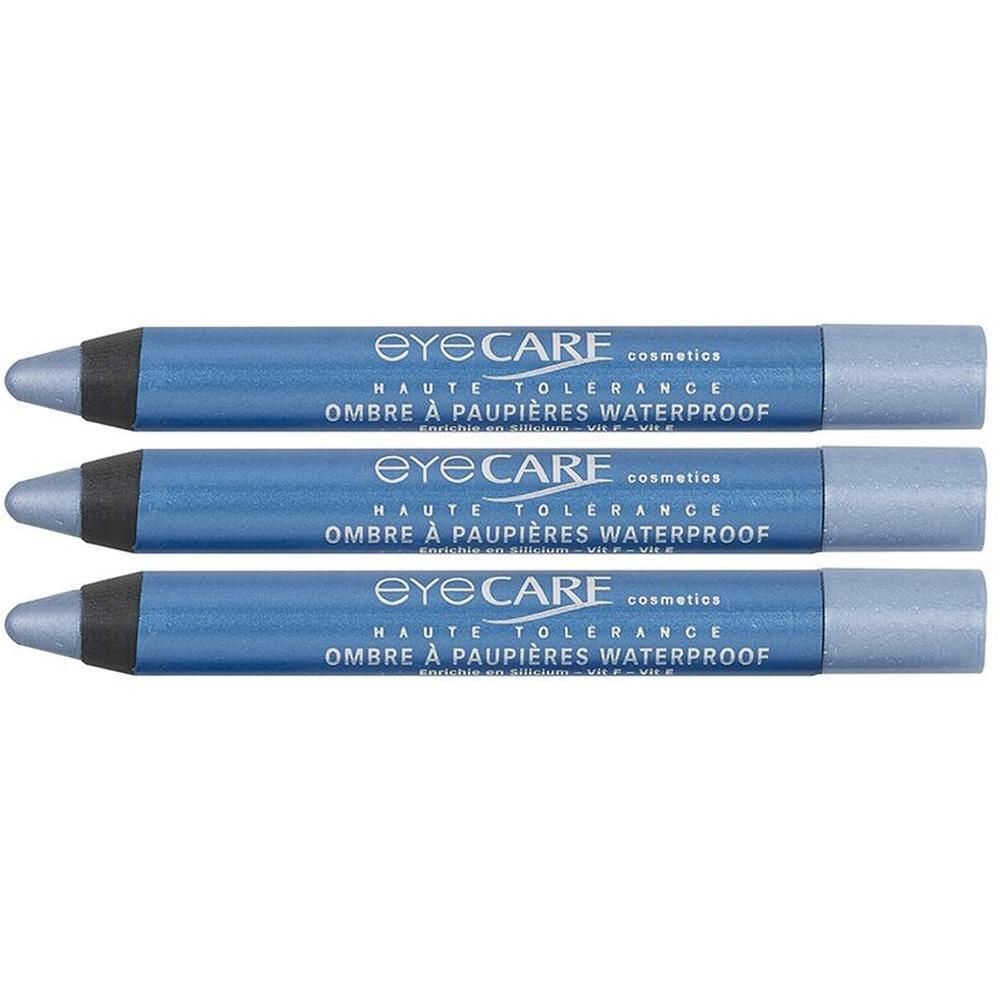 Drie blauwe Eye Care Ombre à Paupières Waterproof oogpotloden. Opschrift: HAUTE TOLERANCE, WATERPROOF.