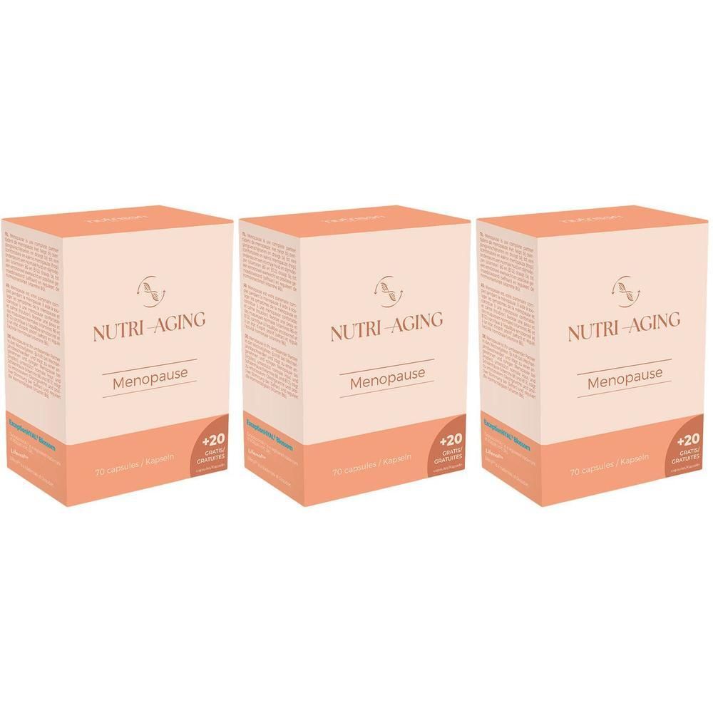Drie dozen met NUTRI-AGING Menopause. Op elke doos staat +20. Roze en wit design.