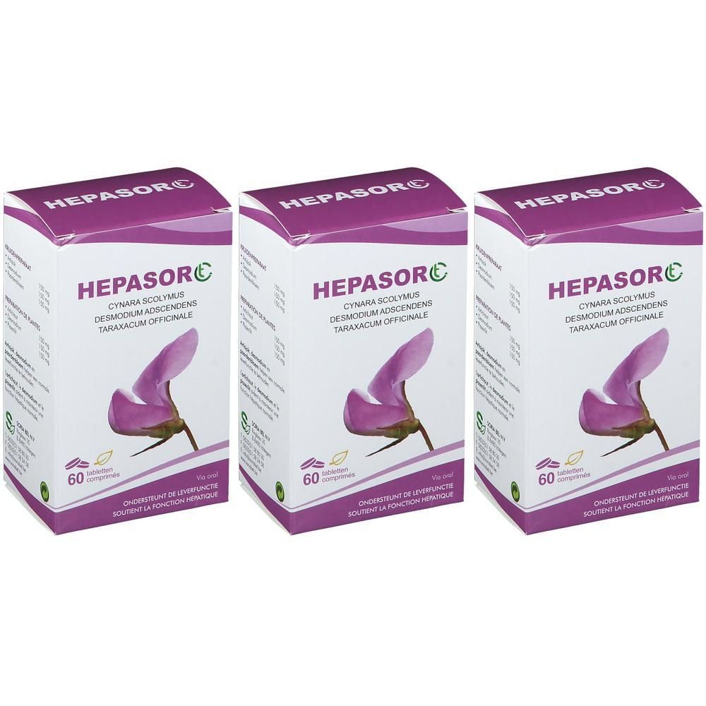 Drie dozen Hepasor C. Witte dozen met paarse deksel en tekst. Opschrift: 60 tabletten. Illustratie van een paarse bloem.
