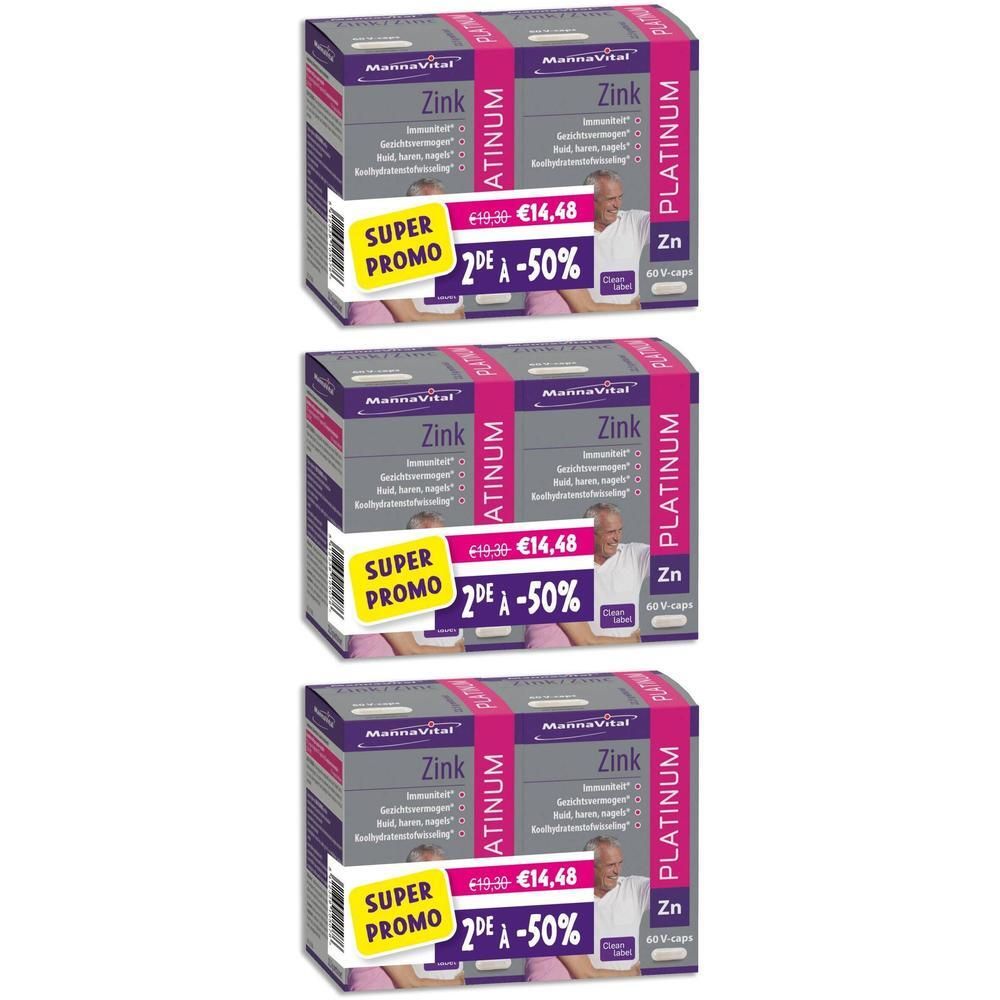 Trois boîtes de Mannavital Zinc Platinum. Emballage gris et rose avec nom du produit et prix. Inscription : Super Promo.