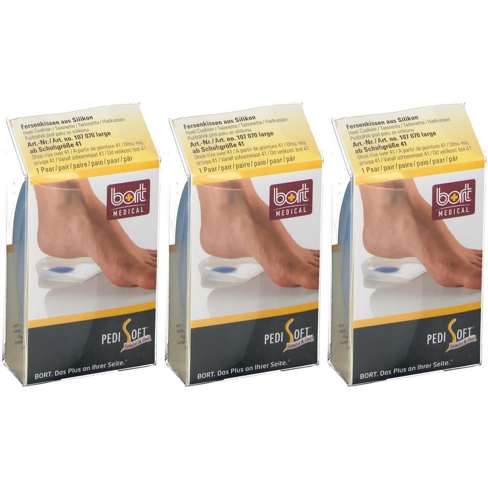 Trois boîtes de coussins de talon. Chaque boîte montre un pied sur un coussin. Inscription : bort MEDICAL, Pedi Soft.
