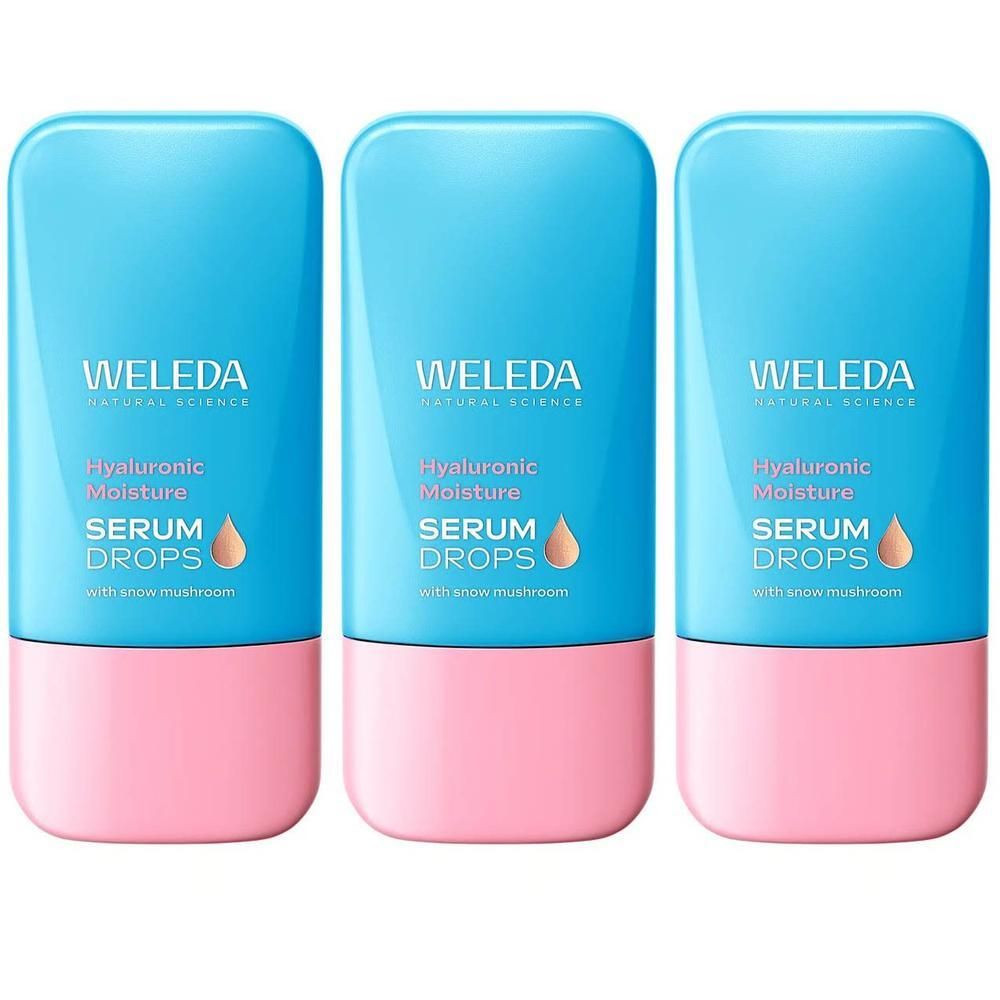 Drie flacons met blauwe bovenkant en roze onderkant. Opschrift: Weleda, Serum Drops, Hyaluronic Moisture.