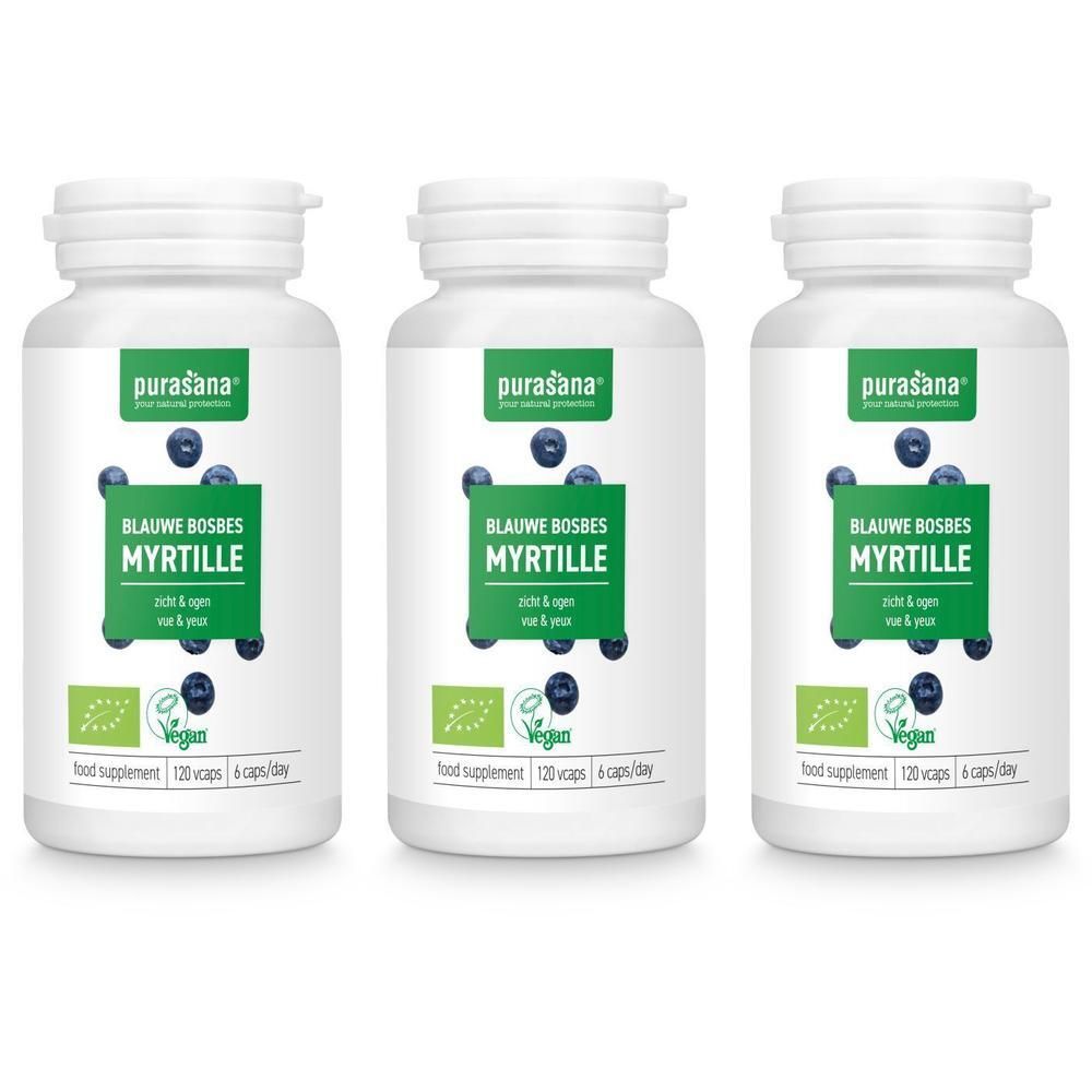 Trois flacons blancs avec étiquette verte. Inscription: Myrtille. Certification bio et logo vegan.