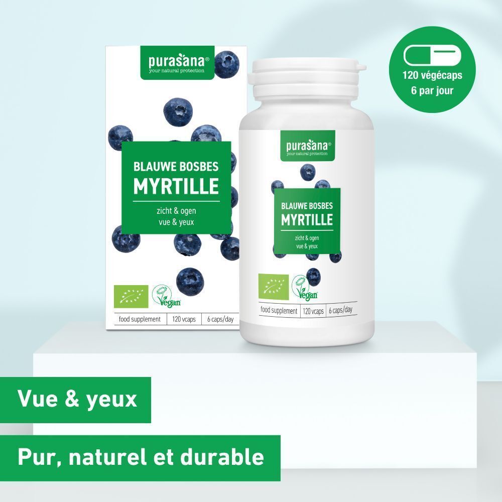 Emballage produit avec flacon et boîte. Inscription: Myrtille. Logo vegan et certification bio.