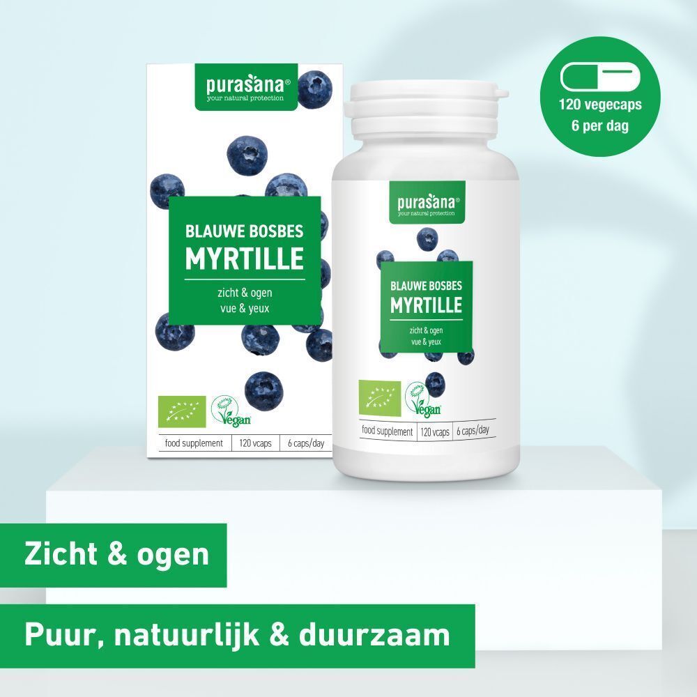 Productverpakking met fles en doos. Opschrift: Blauwe bosbes, Myrtille. Vegan logo en bio-certificering.