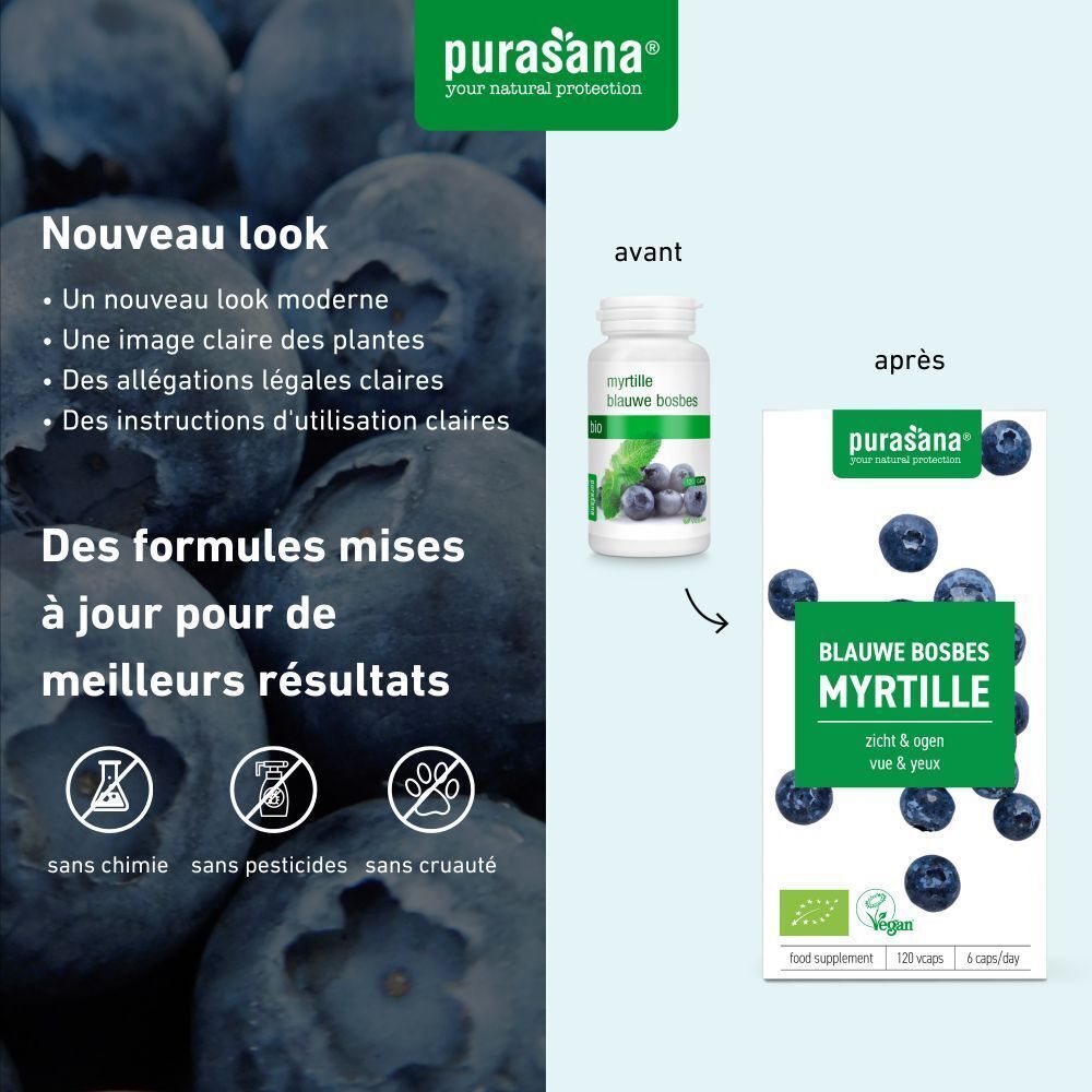 Comparaison de l'ancien et du nouvel emballage. Inscription: Myrtille. Logo vegan et certification bio.