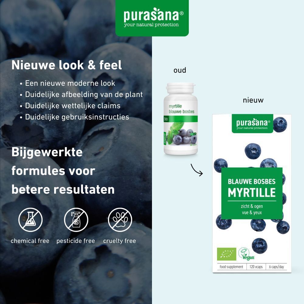 Vergelijking oude en nieuwe productverpakking. Opschrift: Blauwe bosbes, Myrtille. Vegan logo en bio-certificering.