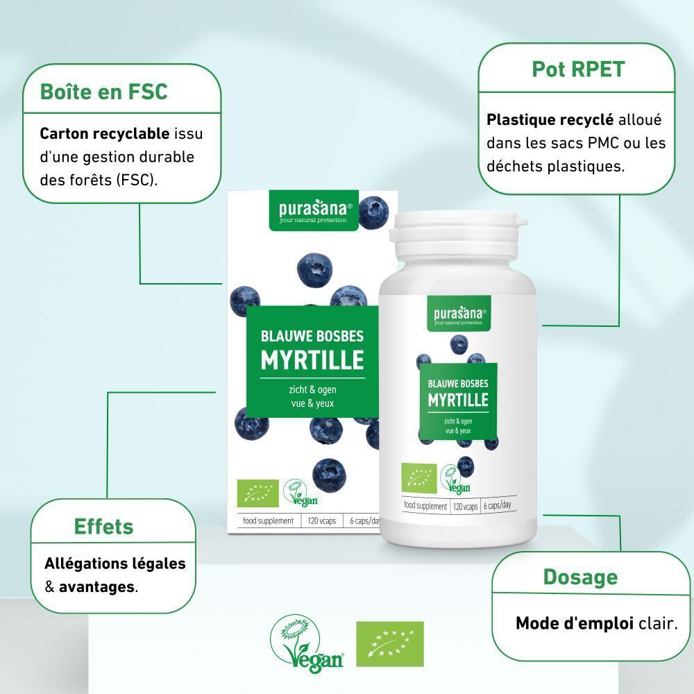 Emballage produit avec informations. Inscription: Myrtille. Logo vegan et certification bio. Certification FSC.