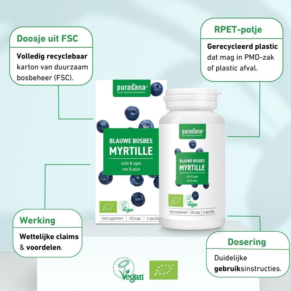 Productverpakking met informatie. Opschrift: Blauwe bosbes, Myrtille. Vegan logo en bio-certificering. FSC-certificering.