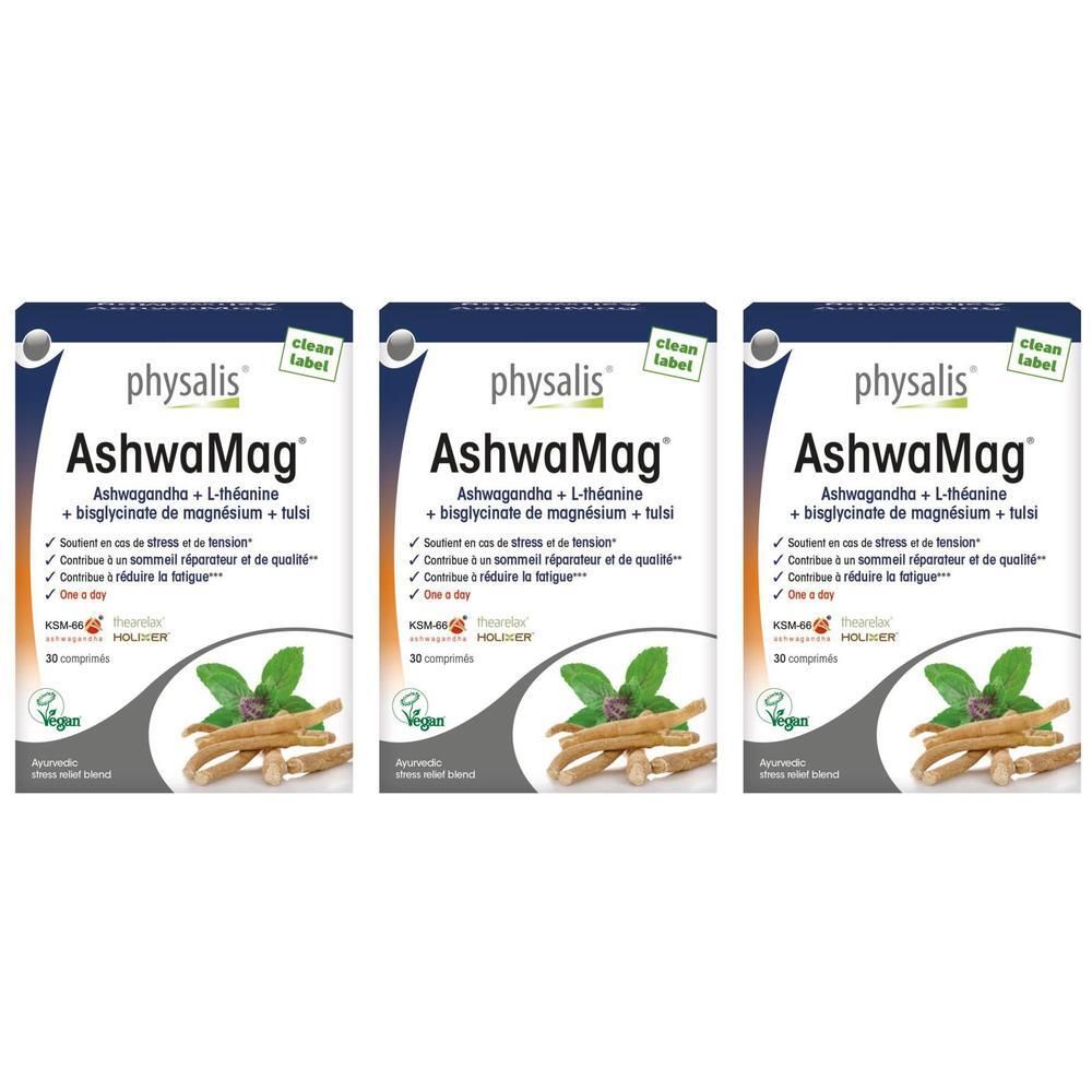Trois boîtes Physalis AshwaMag. Emballage blanc avec nom du produit et ingrédients. Label vegan.