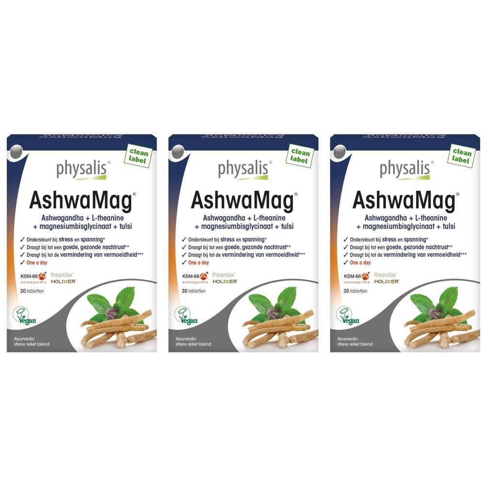 Drie verpakkingen Physalis AshwaMag. Witte verpakking met productnaam en ingrediënten. Vegan label.