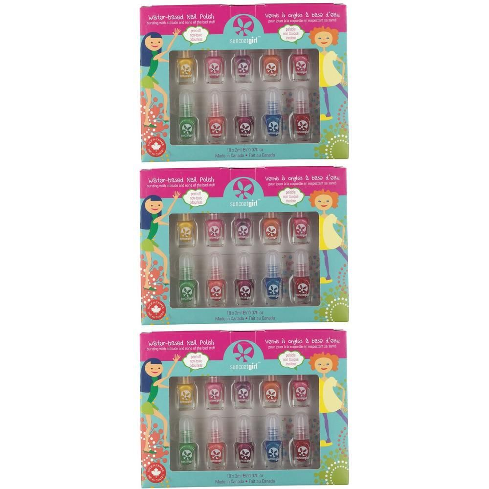 Drie geschenkdozen met elk 12 waternagellakken. Elke doos toont een illustratie van kinderen en bevat gekleurde nagellakflesjes.