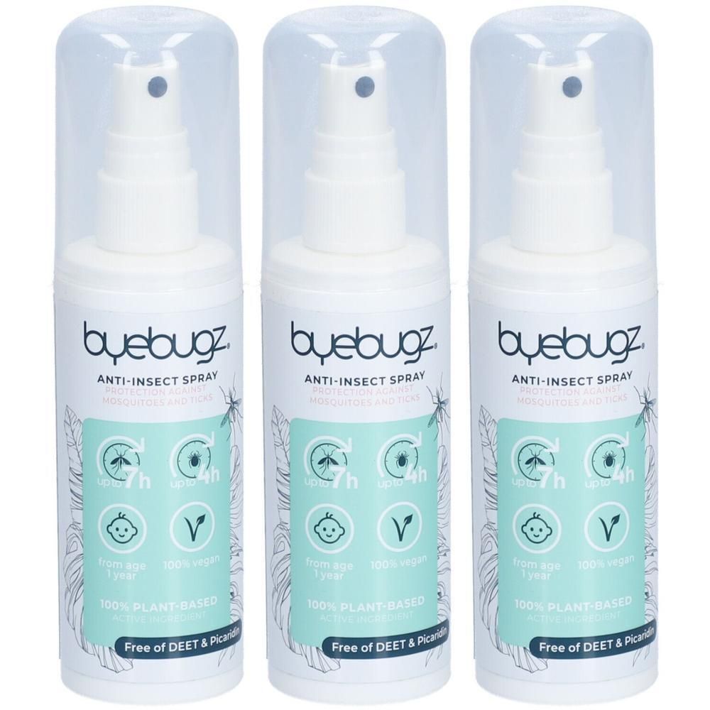 Drie ByeBugz anti-insectenspray flacons met spuitkop en transparante dop. Etiketten met symbolen voor insectenwering en baby's.