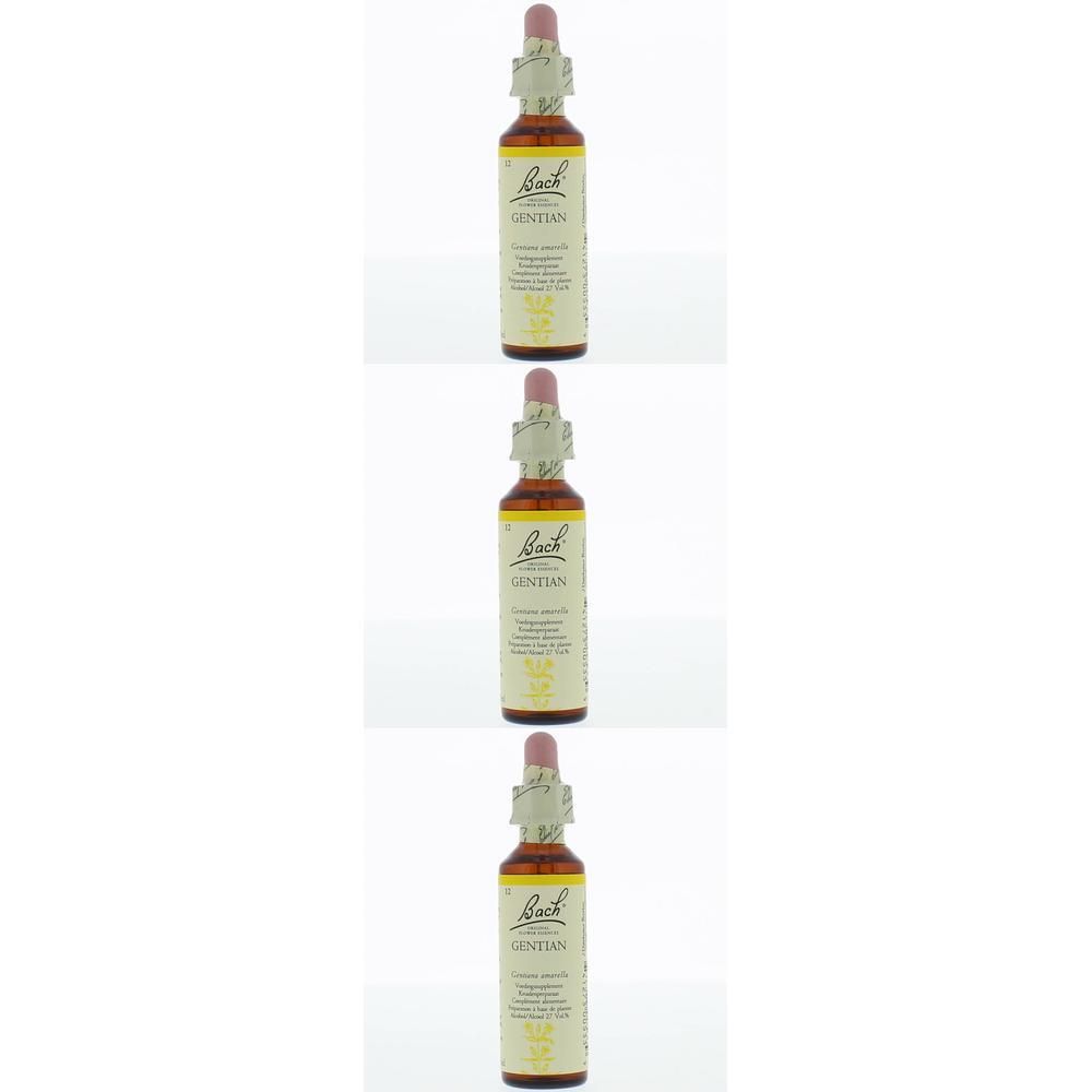 Trois flacons de liquide brun, bouchon rose et étiquette. Inscription : Gentian, Bach.